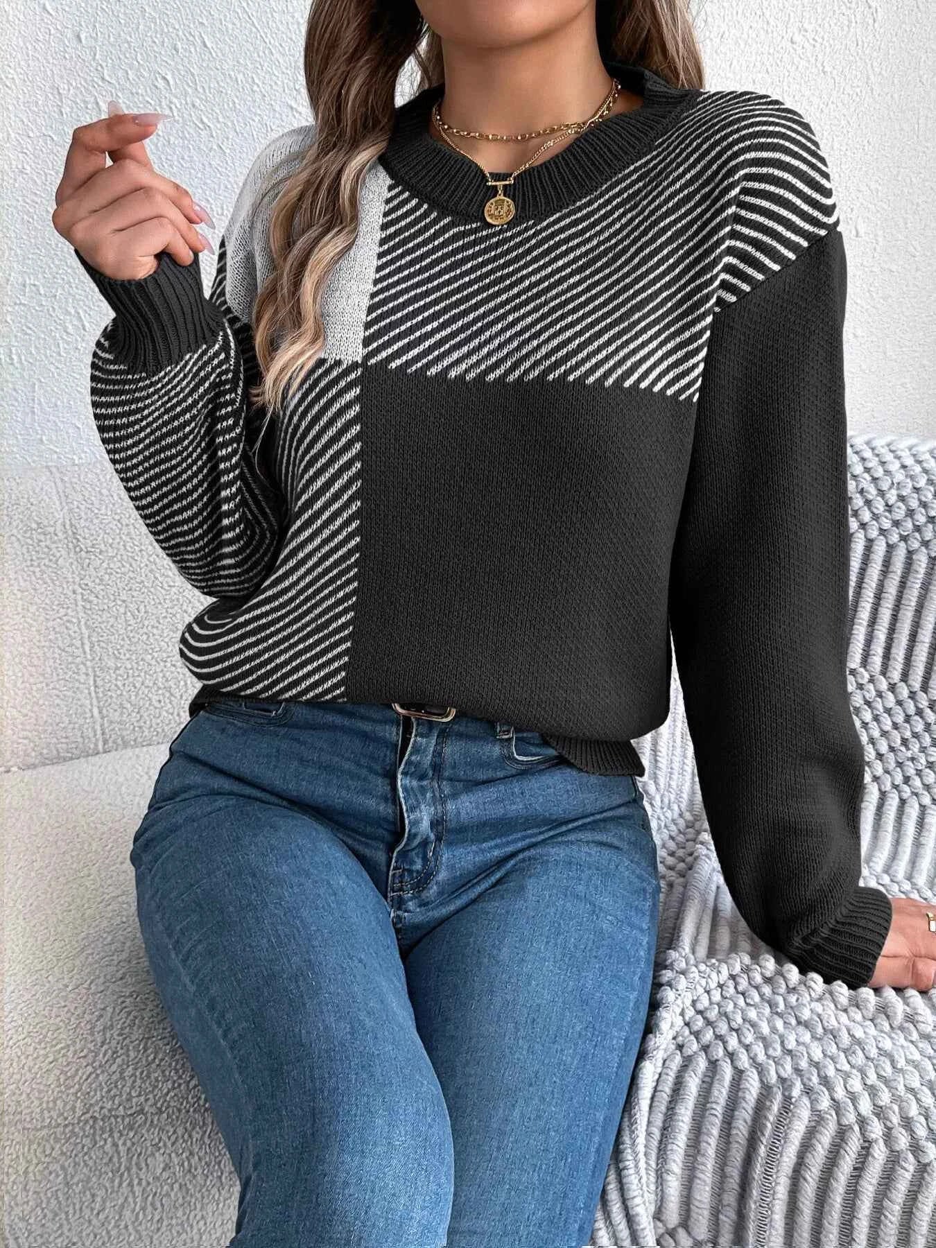 Color Block Striped Round Neck Sweater 94a1ba4695ea4a4daed52f8df194f39c-Max-Origin