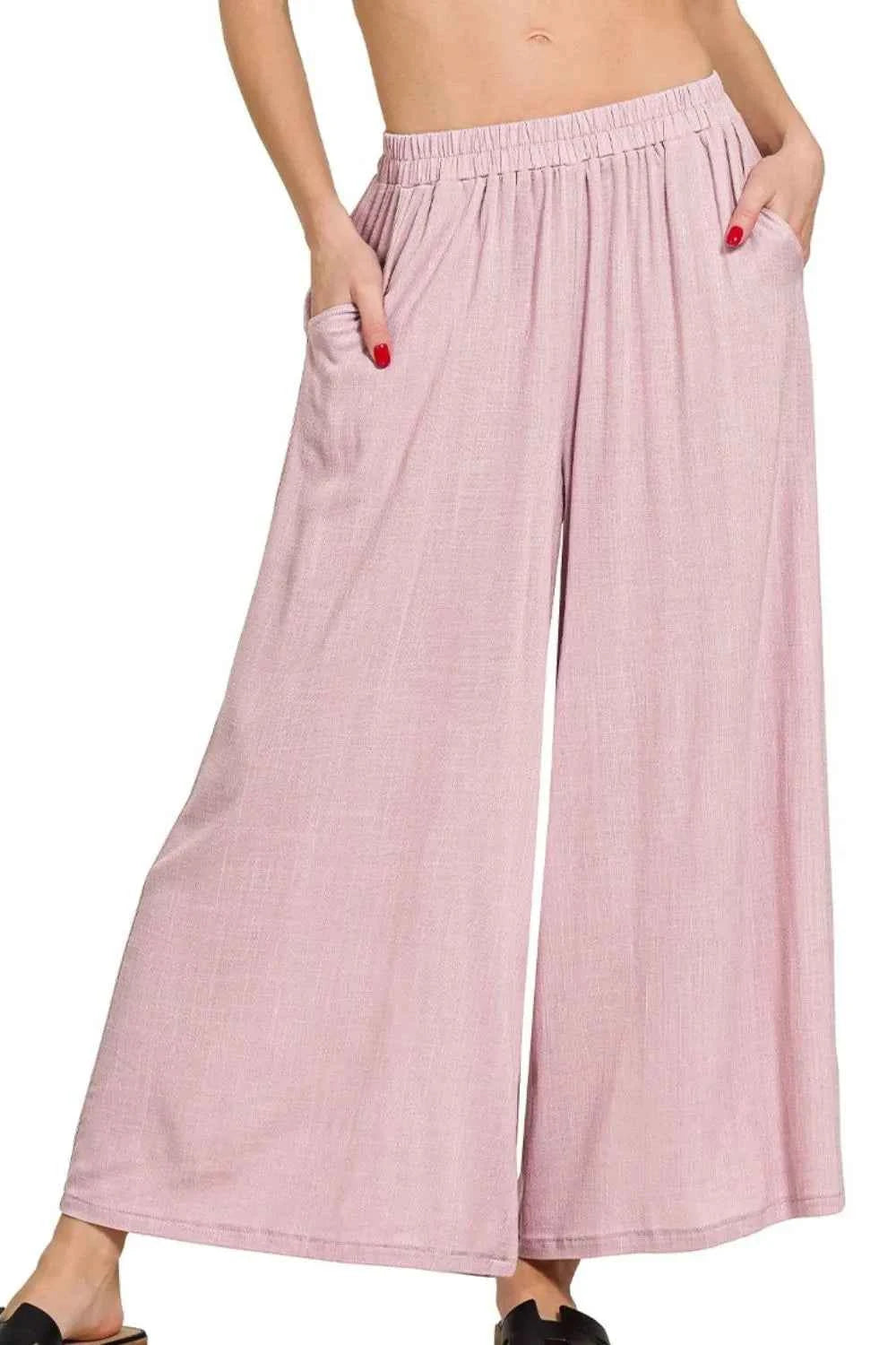 Zenana Woven Elastic Band Pants With Pocket LT ROSE 94a27b8c-a84e-41e7-8881-8f83b4f7974e-Max-Origin