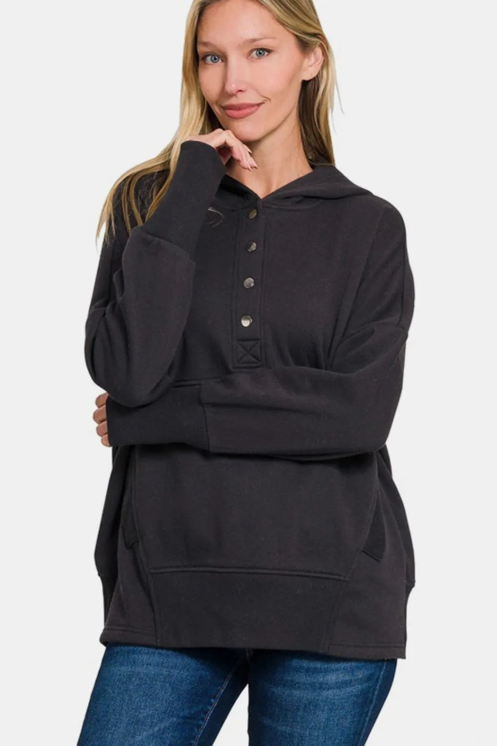 Zenana Half Snap Long Sleeve Hoodie with Kangaroo Pocket 94abb0cd-a4bd-4b9f-8826-5e430c78dc1d-Max