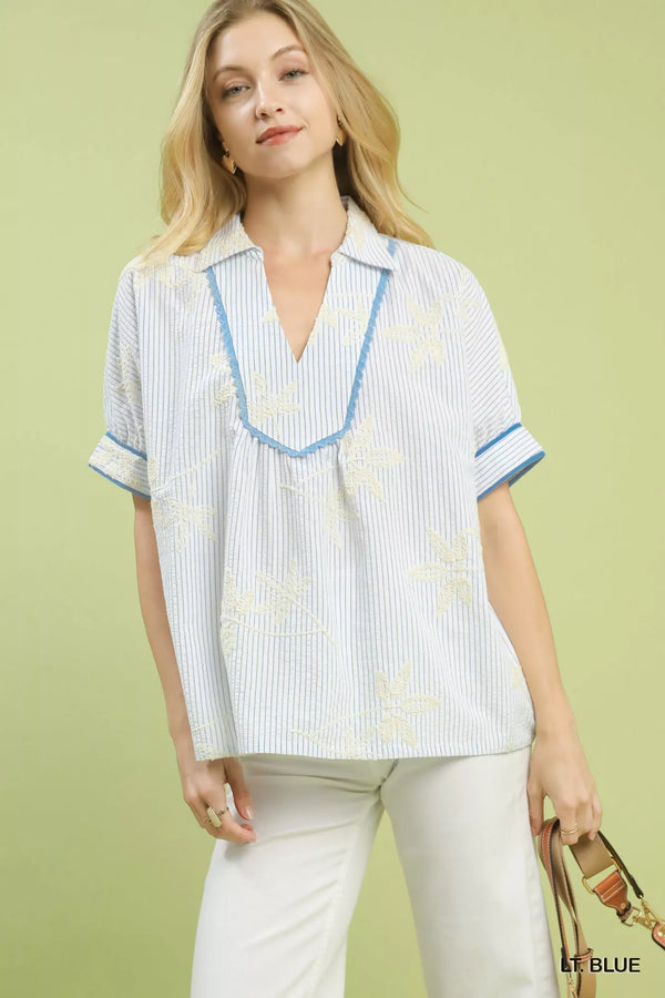 Umgee Striped Embroidered Blouse with Scallop Trim LT. BLUE 94ad884f-e549-4bb3-ad4a-300c02d7a0f6-Max-Origin