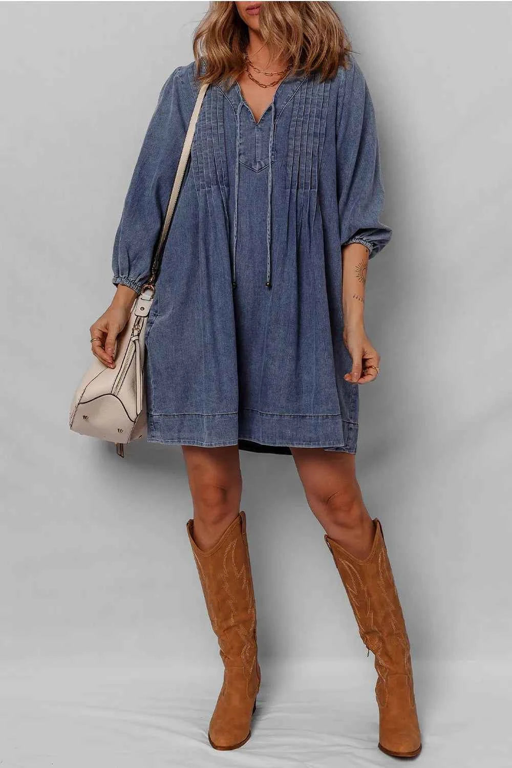 Tie Neck Long Sleeve Mini Denim Dress 94af09c5-c9a6-45b1-aeea-67ada7a4424e-Max-Origin