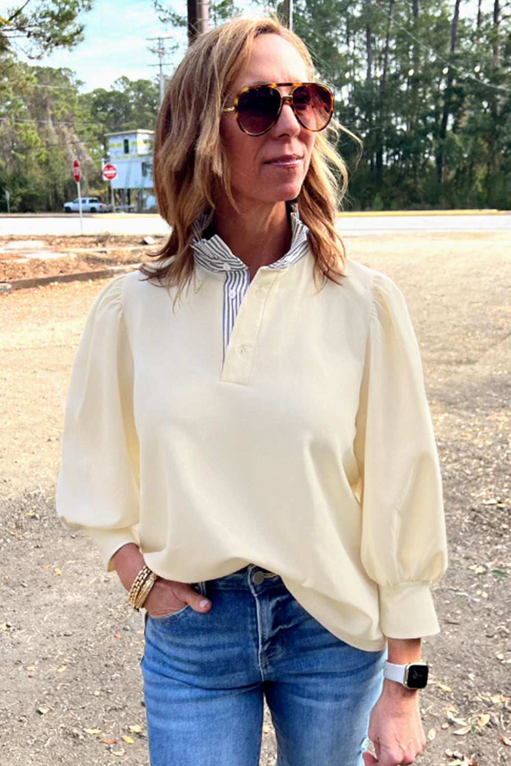 White Striped Ruffle Button Neck Pullover Sweatshirt 94b0de8d40d1abda