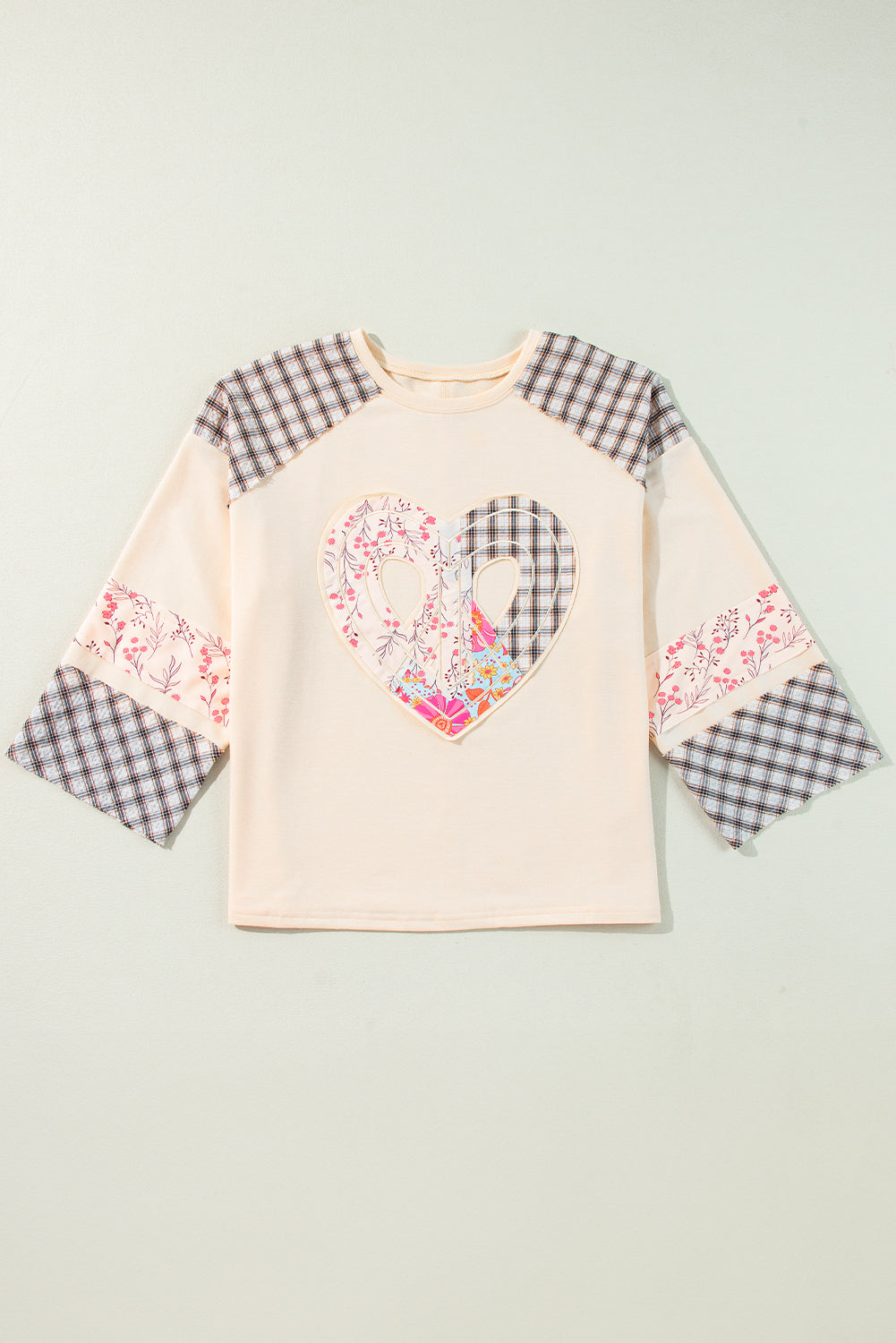 Aqua Plaid Floral Patchwork Heart Long Sleeve Top 94b528de8dff7376