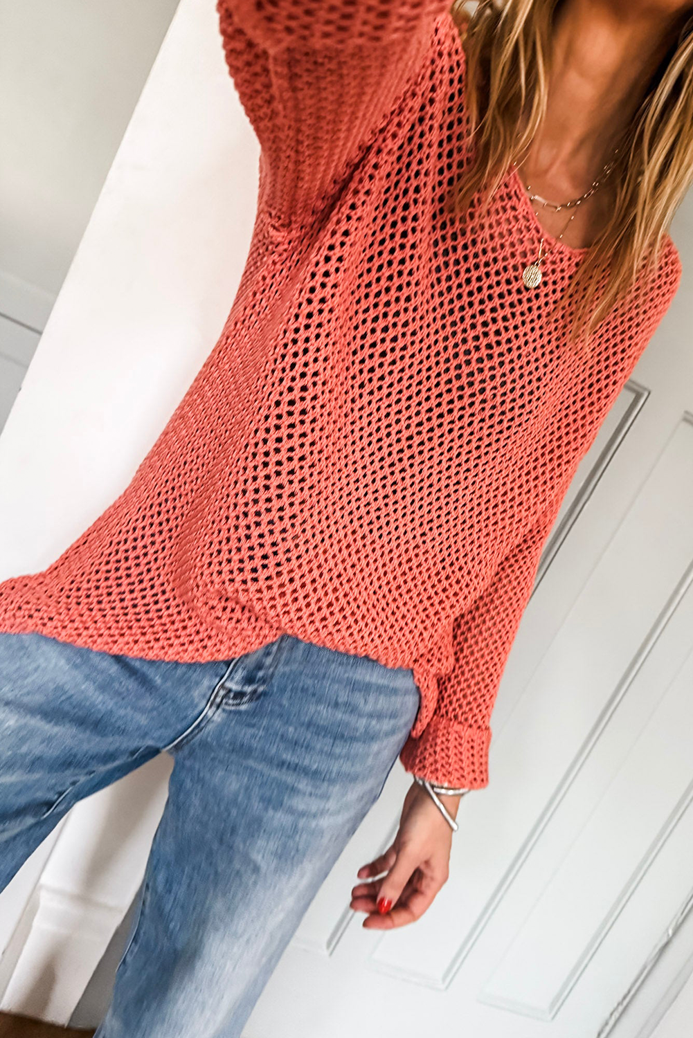 Coral Crochet Hollow-out Knit Sweater 94b70f763ed70ef4