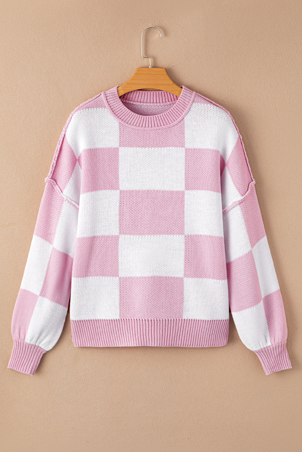 Pink Checked Bishop Sleeve Pullover Sweater 94b91eef9230f122