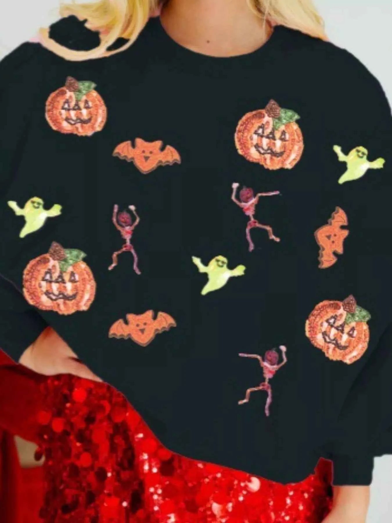 Halloween Sequin Round Neck Long Sleeve Sweatshirt Orange 94c8609a-bbee-4589-a199-1a2bf31bbc10-Max-Origin