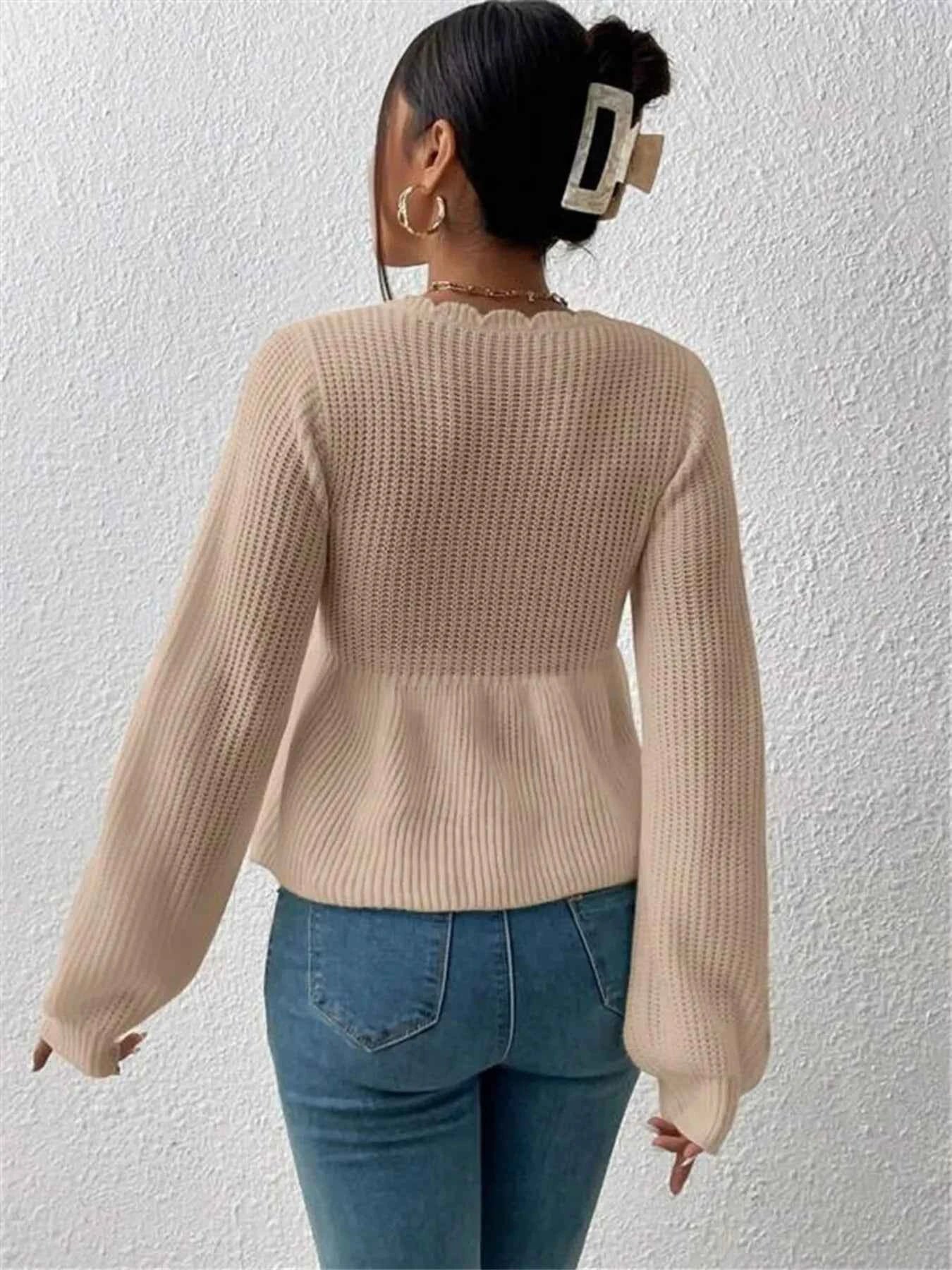Scalloped V-Neck Drawstring Knit Top 94d27e06ff54401d8e39bbf1633c27ef-Max-Origin