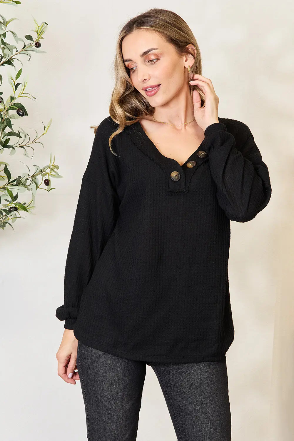 Zenana Buttoned Long Sleeve Blouse Black 94d949ad50bc4e0b94885adbaef41dac-Max
