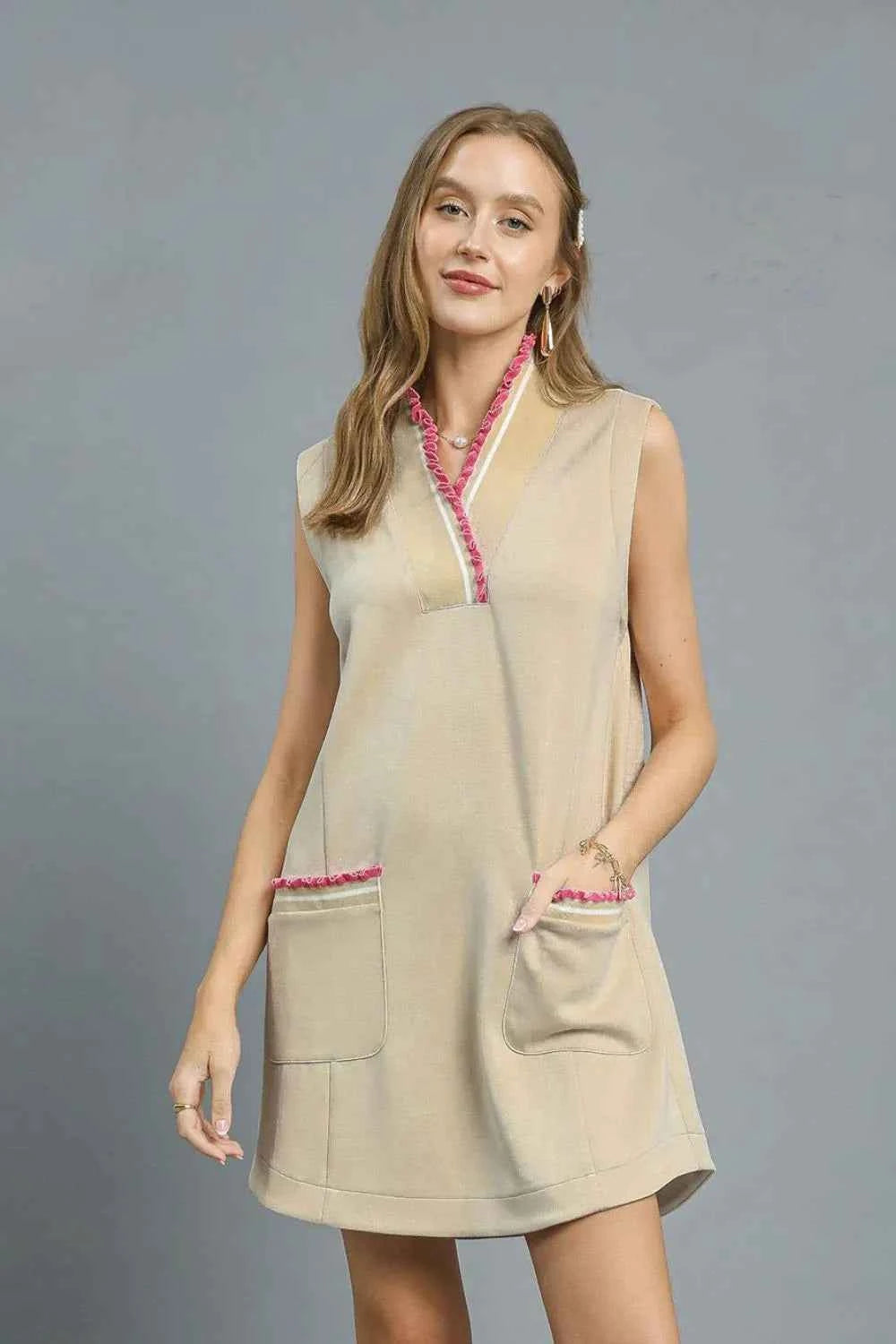 Umgee Frill Contrast Trim Sleeveless Mini Dress Tan 94e5150a-2d39-499d-851d-ce4709dc9a30-Max-Origin