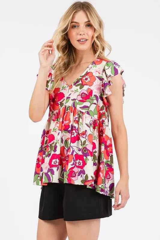 Mittoshop Floral V-Neck Ruffled Cap Sleeve Blouse 94e6eaf5-f928-4edd-928f-e996e2ca83ee-Max