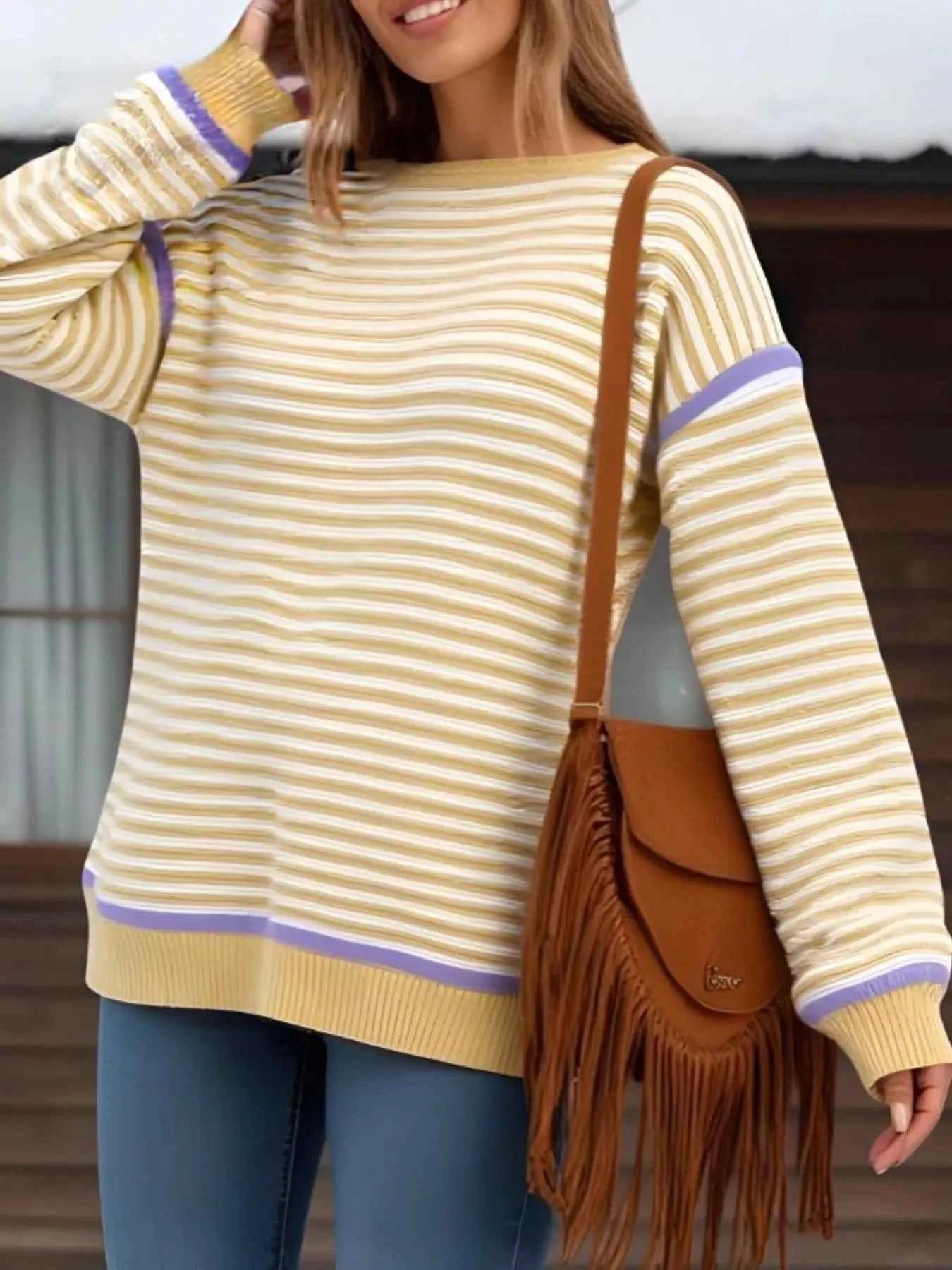 Striped Round Neck Long Sleeve Sweater 94f7012f-8569-4f3c-86c2-3479ae749e44-Max-Origin