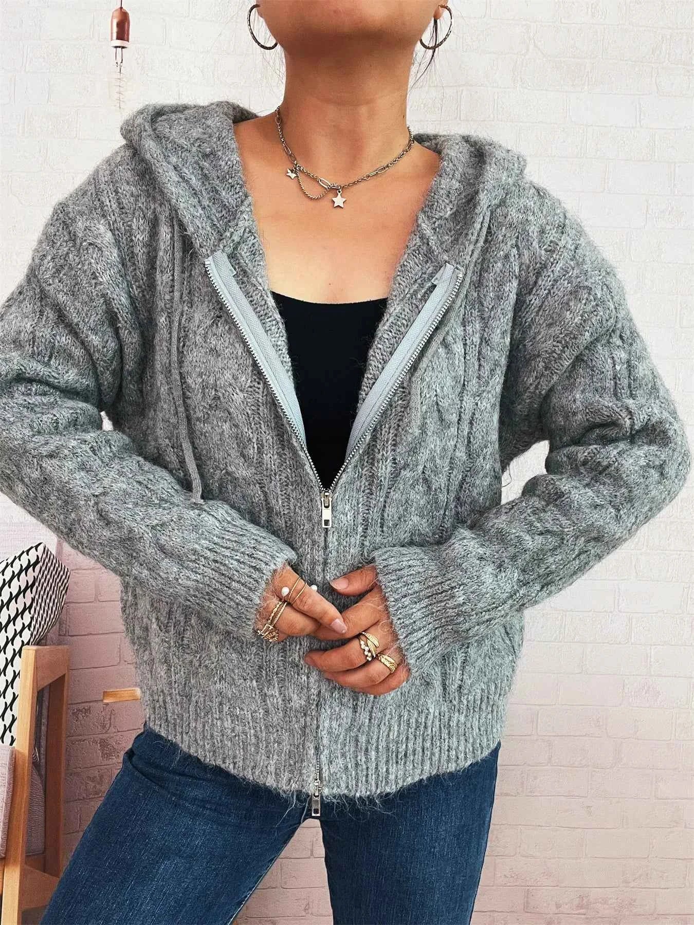 Cable Knit Hooded Zip-Up Cardigan 9502bf77c86b4c7ba8d8c718e6f13f46-Max-Origin