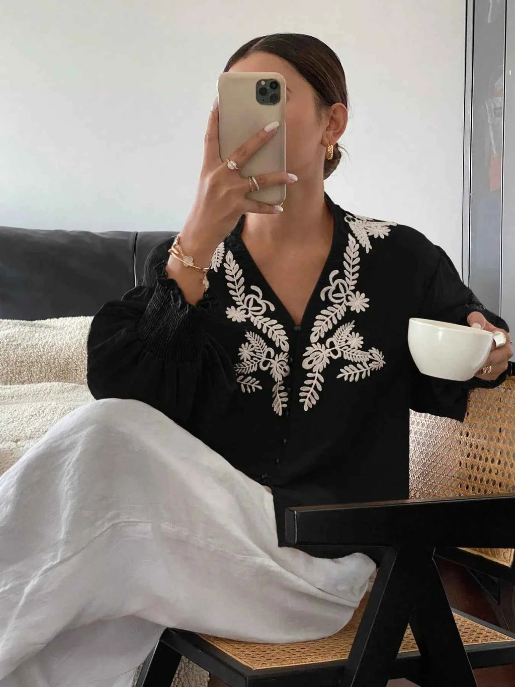 Embroidered Lantern Sleeve Blouse 951159e8159e4d2184e2a75cf8d4f259-Max-Origin