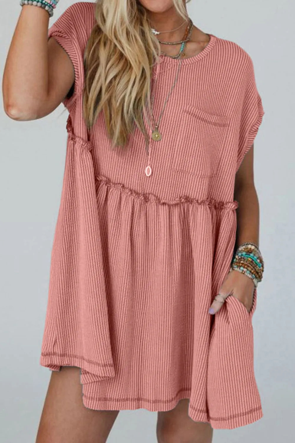 Corded Knit Textured Patched Pocket Frilled Swing Mini Dress with Pockets Dusty Pink 9514c88e-3a68-4dc1-9525-57fb80c1e536-Max-Origin