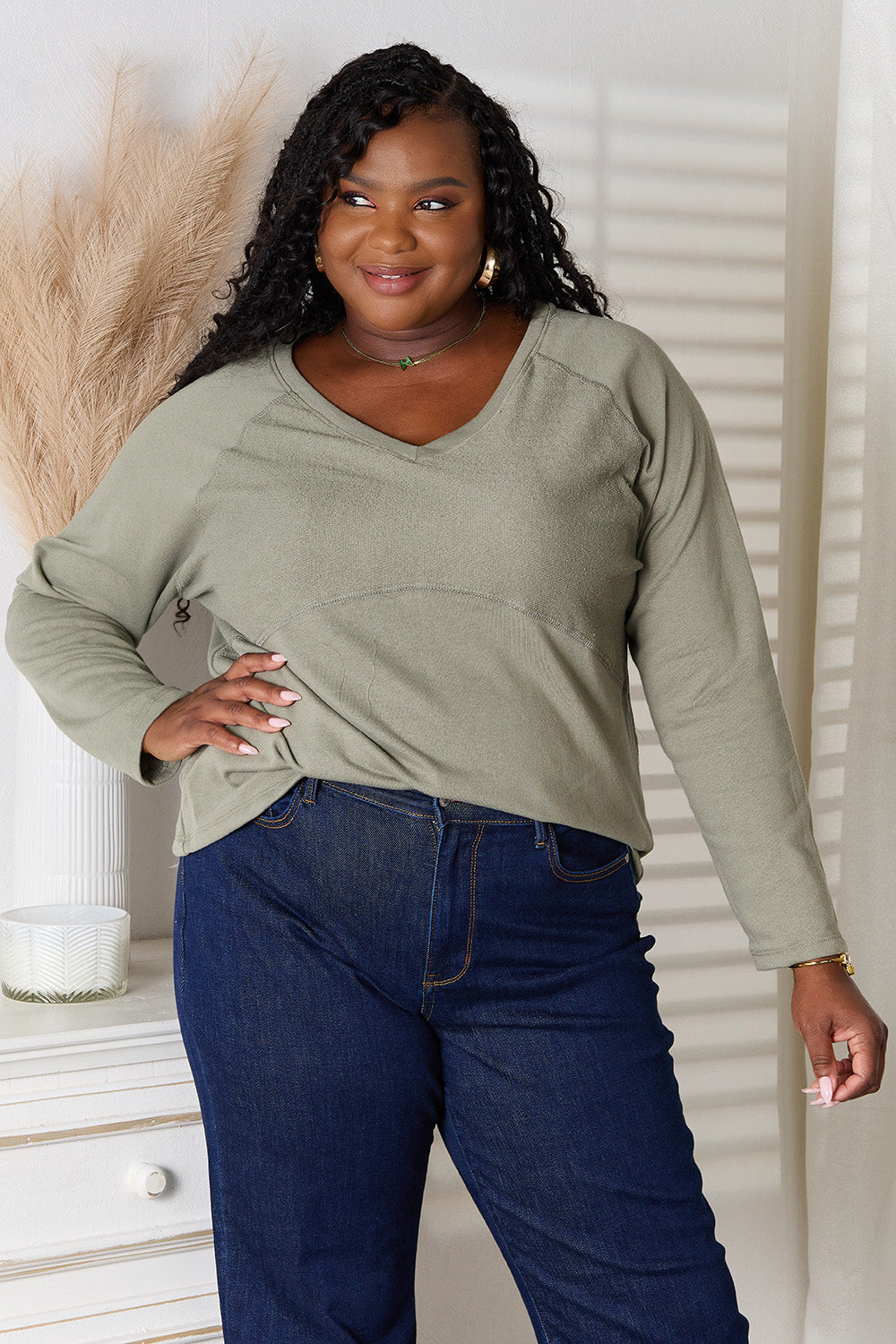 Culture Code Full Size V-Neck Long Sleeve T-Shirt Sage 9530eef61c3a452c9114836bff839c39-Max