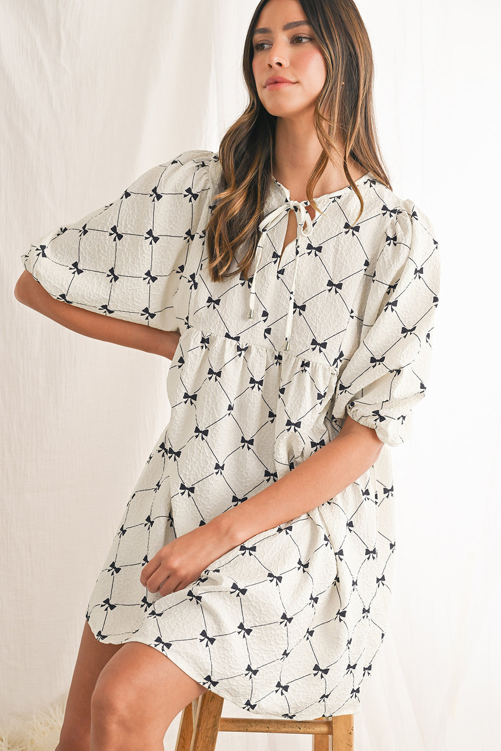 White Sweet Bow Print Lantern Sleeve Mini Dress 95334a46377f07f2