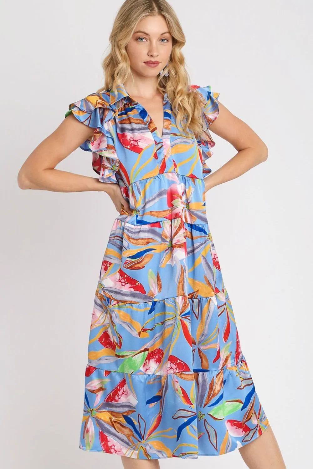Umgee Full Size Leaf Print Double Layered Ruffle Sleeve Tiered Midi Dress Plus Size PERIWINKLEMIX 9541dacb-f756-443e-9150-b872eb677340-Max