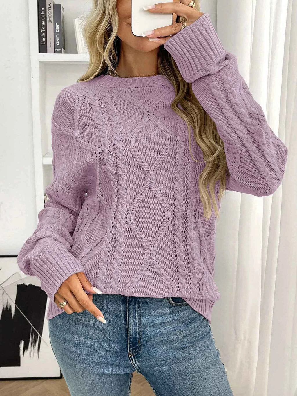 Cable Knit Round Neck Long Sleeve Sweater 95445a9bb02846a1b4593b1f834492f9-Max-Origin
