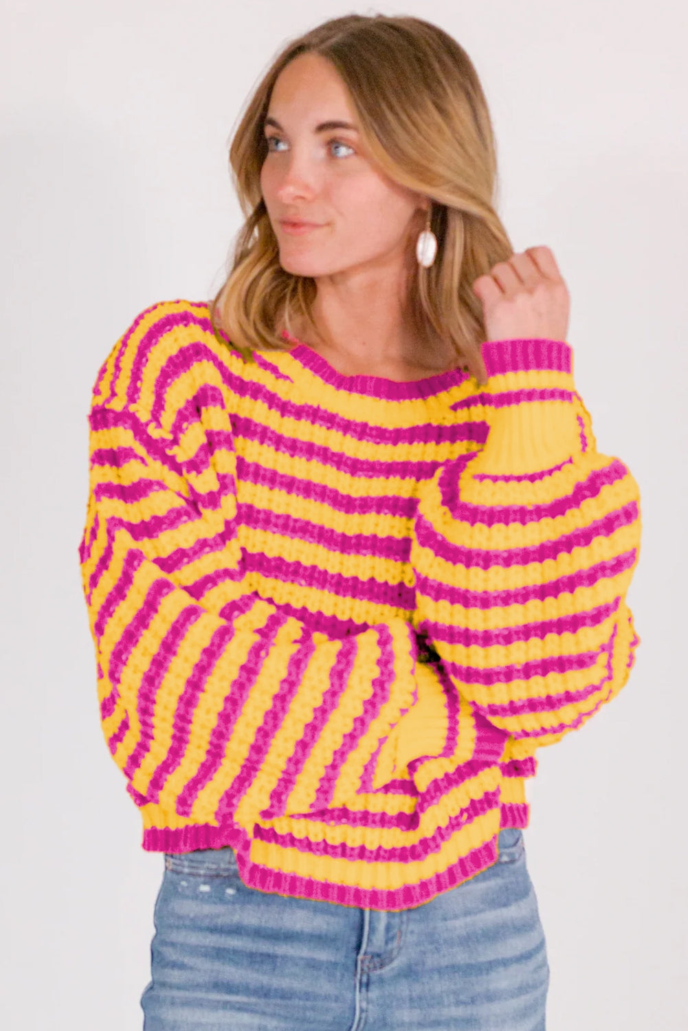 Orange Striped Bubble Sleeve Loose Sweater 955fa8bcedd3f994