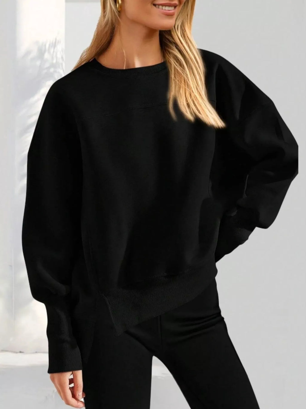 Slit Round Neck Dropped Shoulder Sweatshirt 956161bed6464c86afe2f55279ea9b25-Max-Origin
