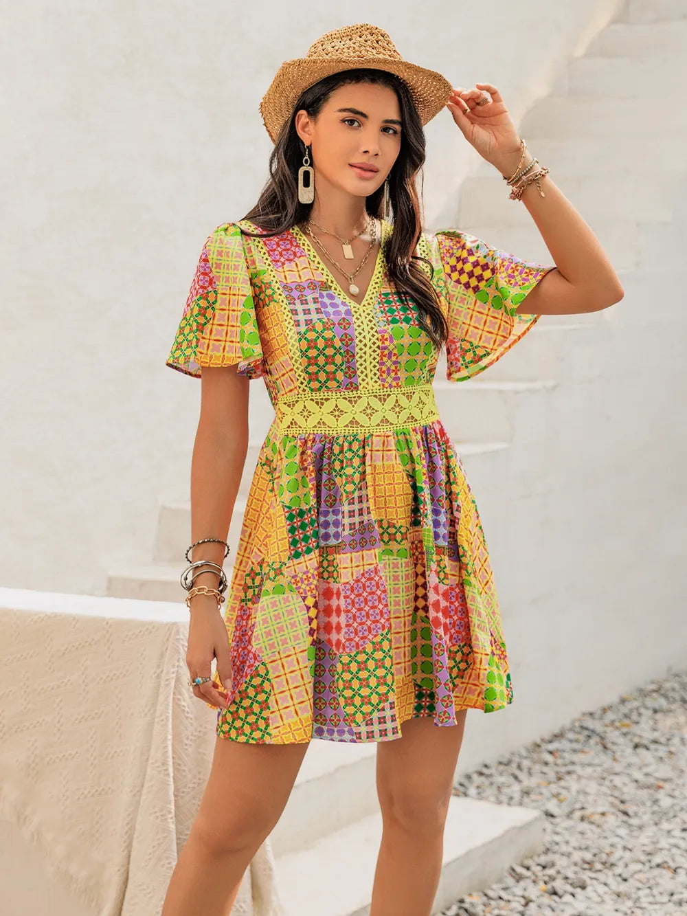 Crochet Trim Printed V-Neck Short Sleeve Mini Dress 9568d42e-fd4f-4c95-a90c-8848b126688f-Max