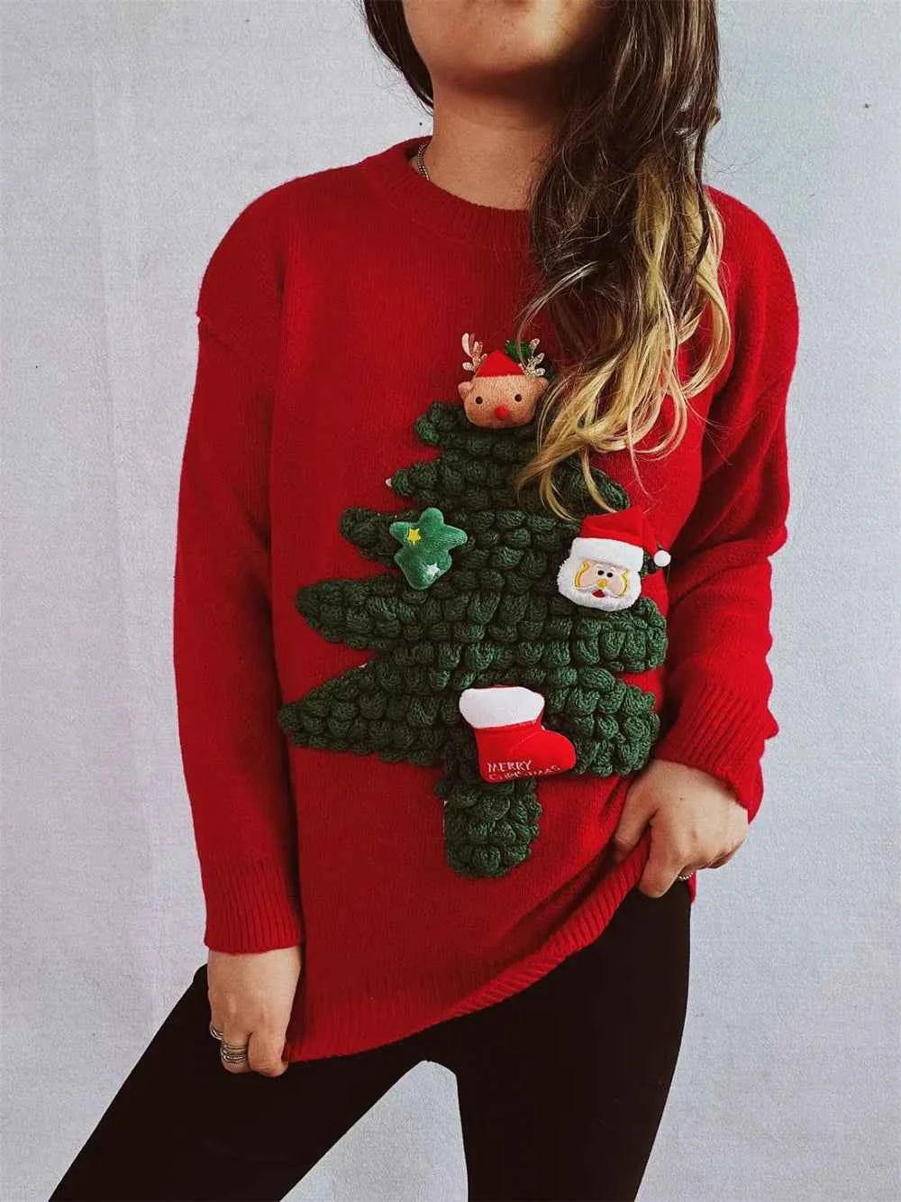 Christmas Tree Round Neck Long Sleeve Sweater Deep Red One Size 95697225-7105-44f1-8364-f1706d8058cc-Max