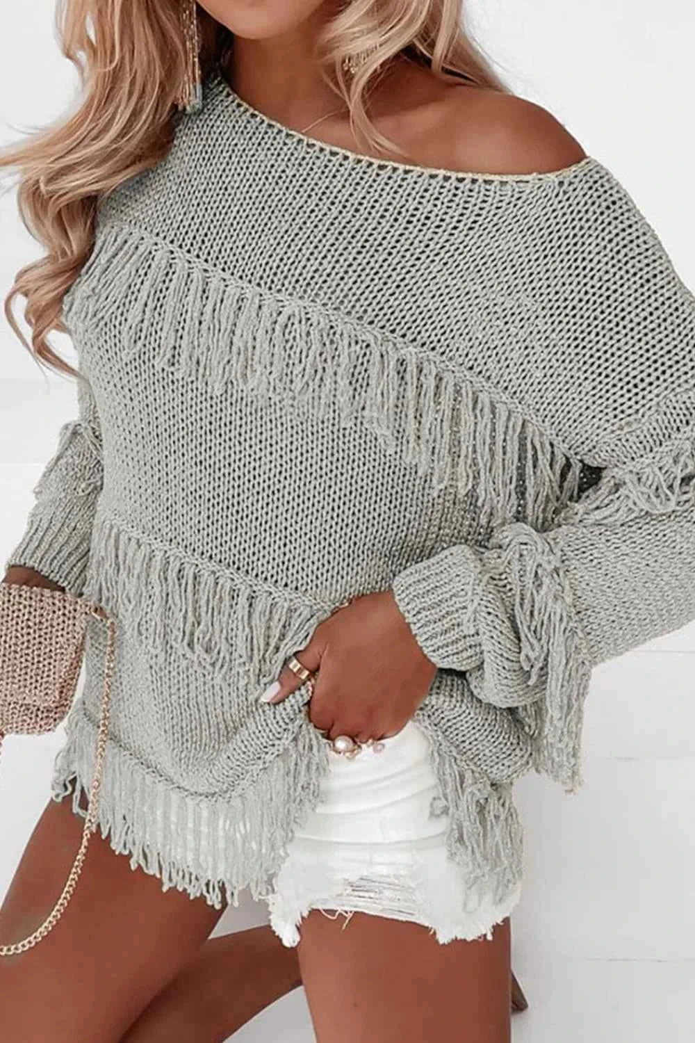Fringe Boat Neck Long Sleeve Sweater Gray 957a3102-02c6-4c84-a502-574f0f5dd317-Max