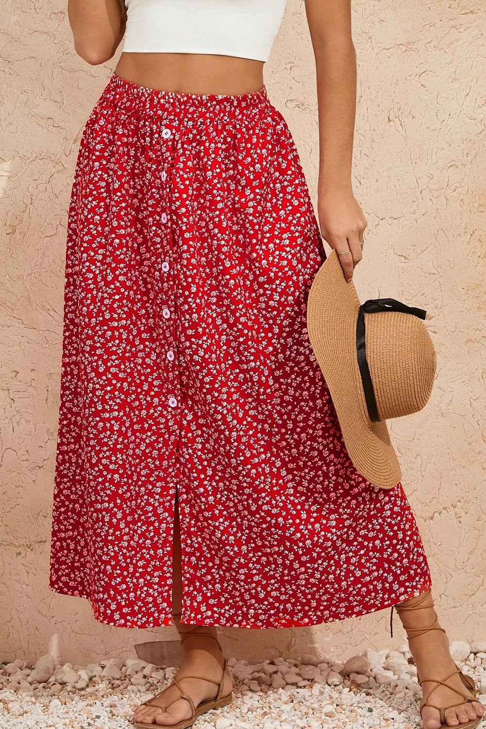Red Floral Print Button Down Skirt Red 957c5f2bf4d2d6bc