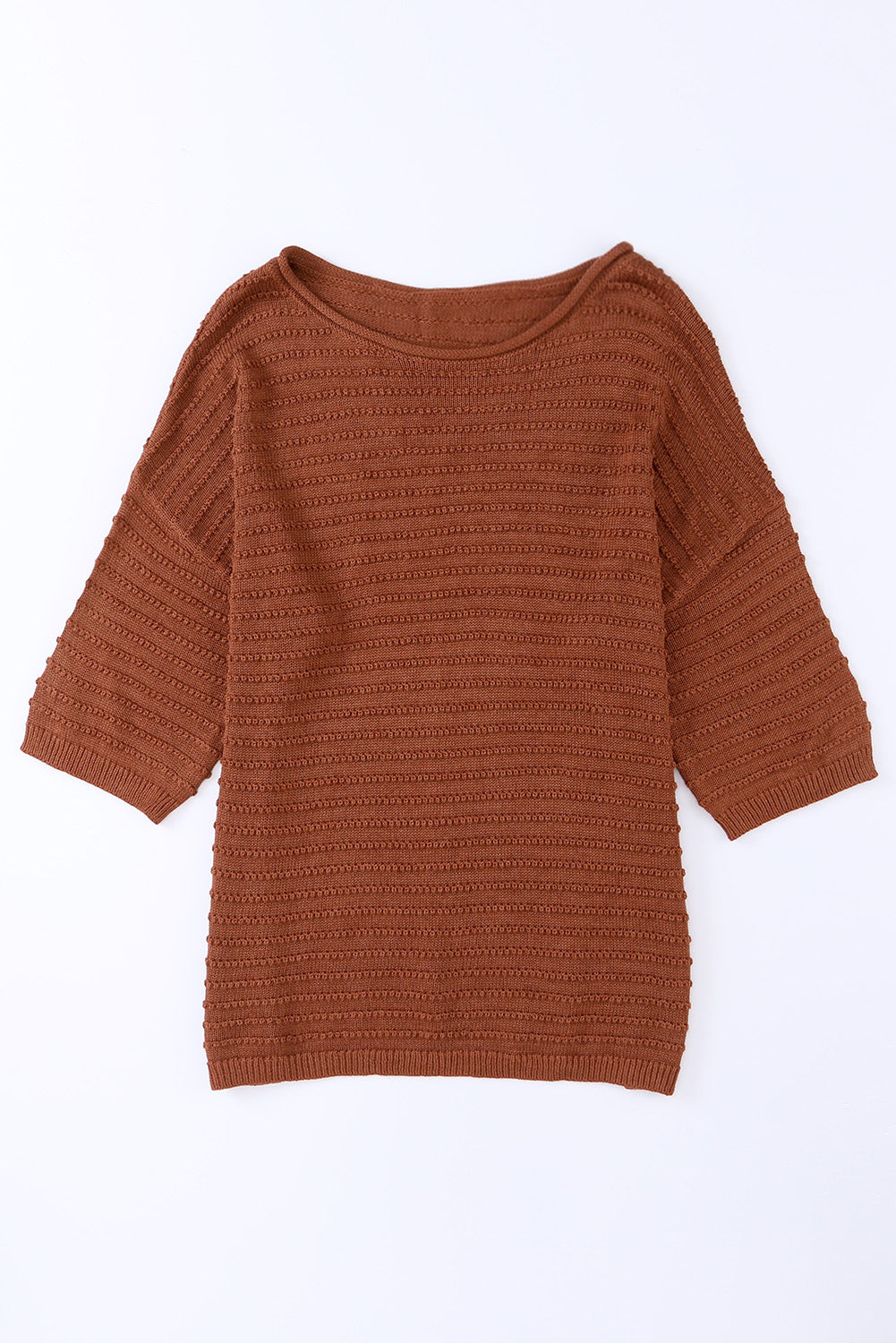 Brown Solid Color Rib-Knit Drop Sleeve Side Slits Top 95a88518f720b9d8
