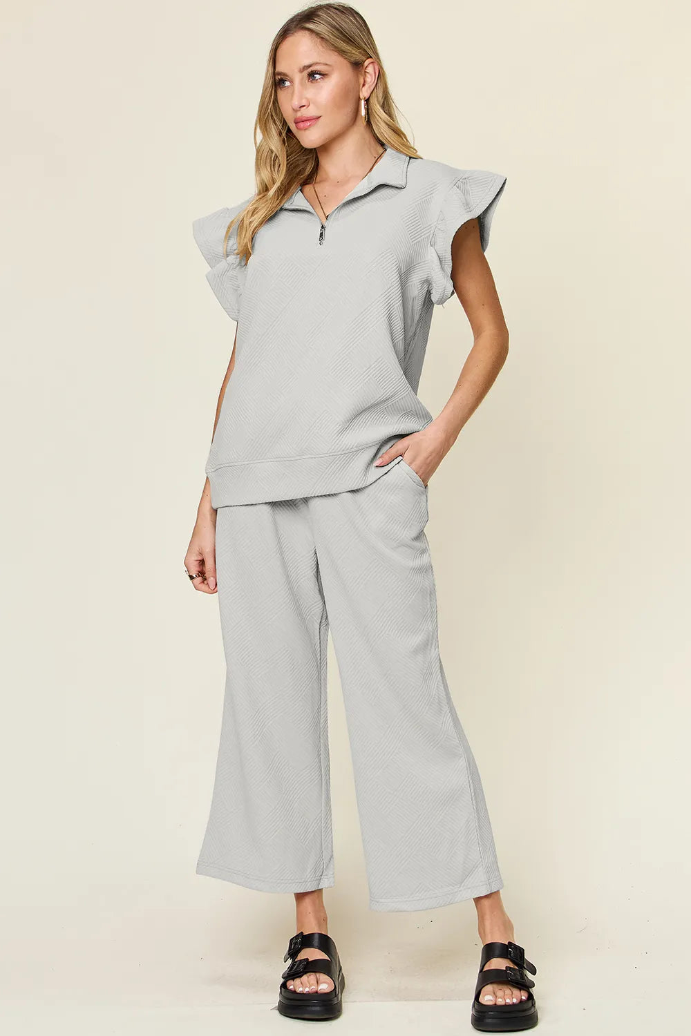 Double Take Texture Ruffle Short Sleeve Top and Drawstring Wide Leg Pants Set Light Gray 95a9c2aa-91fb-4a74-bbf0-adc03724c08d-Max