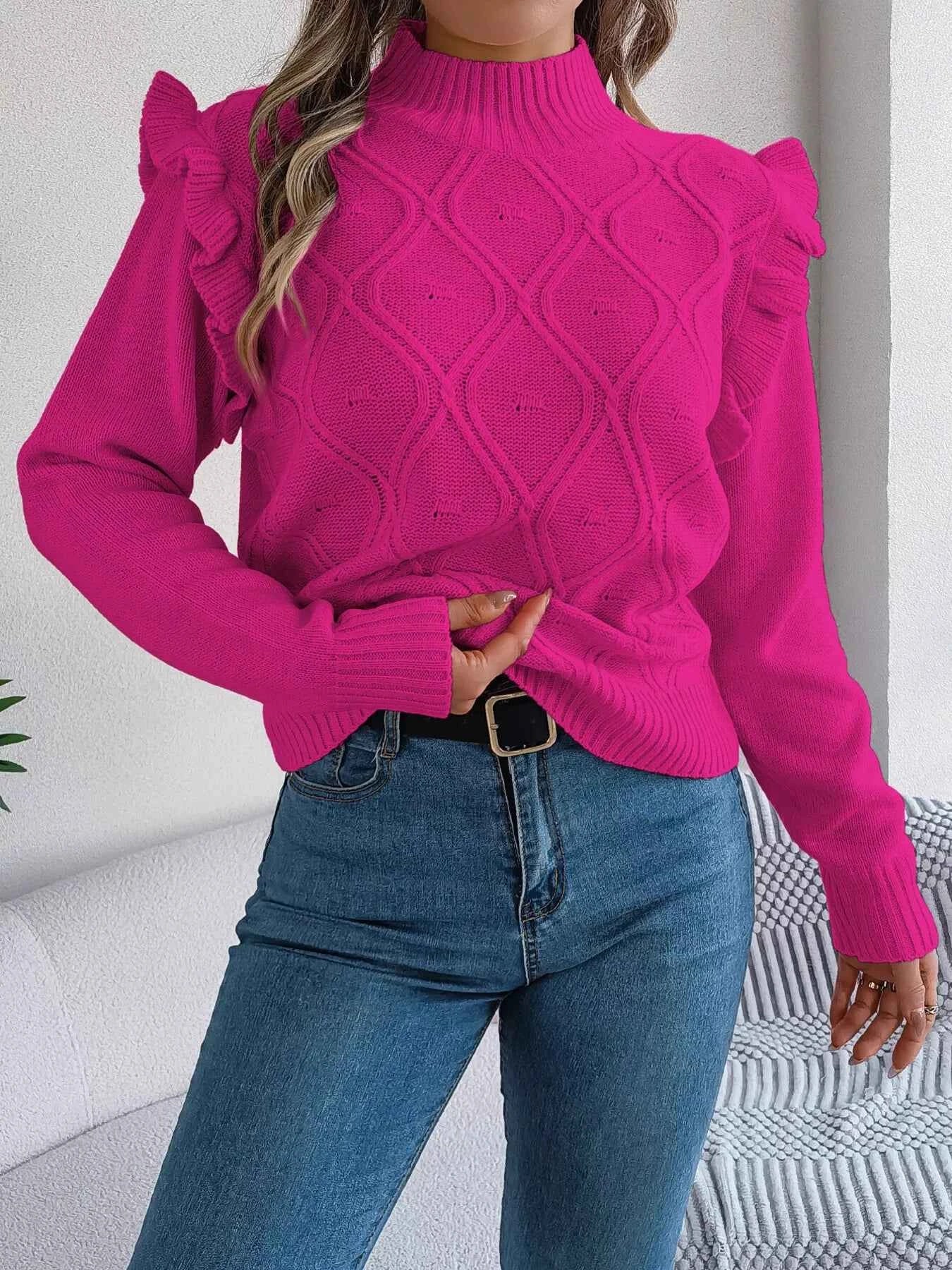 Mock Neck Ruffle Trim Long Sleeve Sweater Rose Red 95c306268f1f457b8ed4f8bc7dee9d6b-Max-Origin