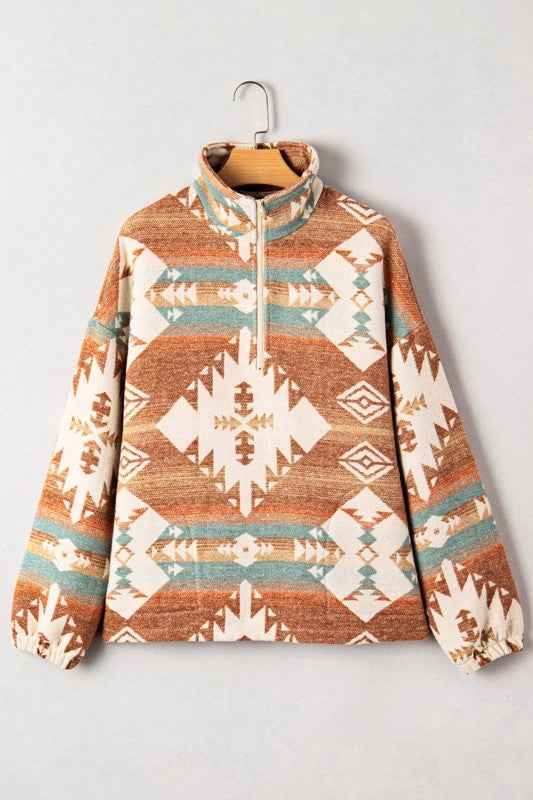 Western Aztec Quarter-Zip Elastic Cuffs Sweatshirt 95cea6ee-e8f9-4796-86d1-5c60063f3283