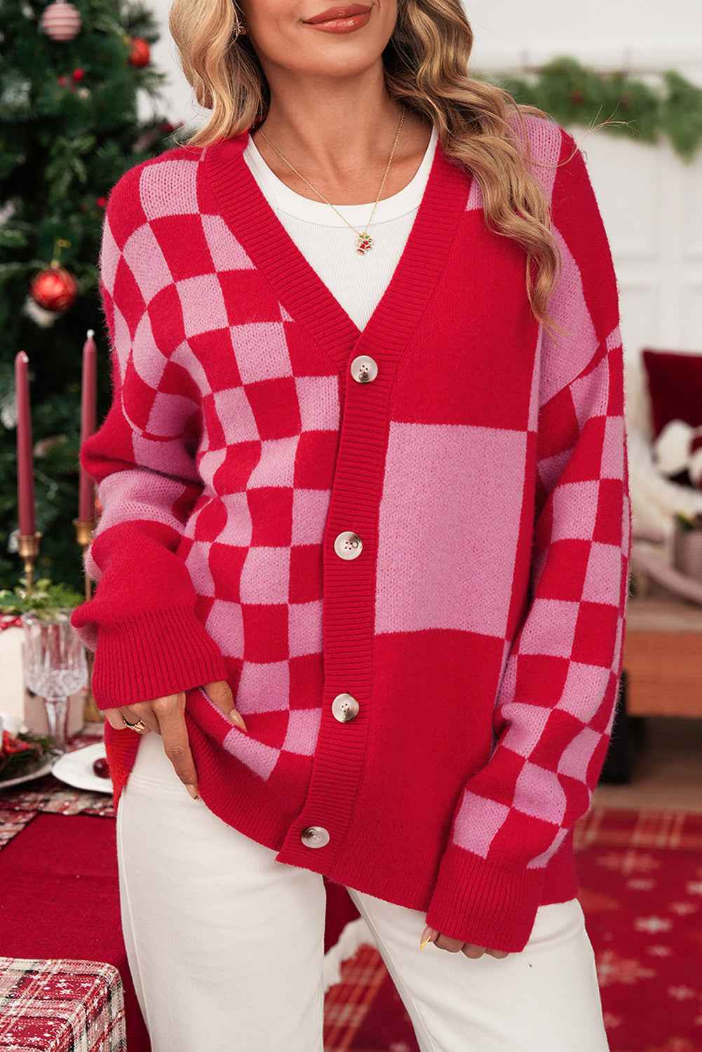 Fiery Red Colorblock Plaid Button Knit Cardigan 95da75171d8317f1