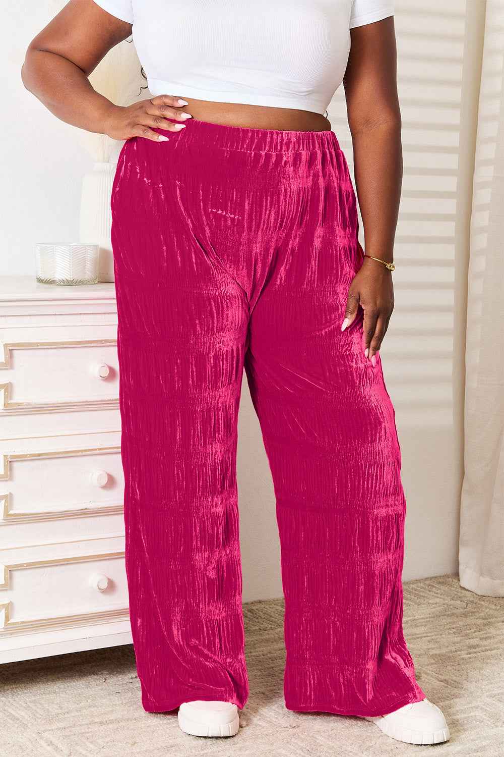 Double Take Full Size High Waist Tiered Shirring Velvet Wide Leg Pants 95df2fcccc0845948ce89500a378f2cd-Max