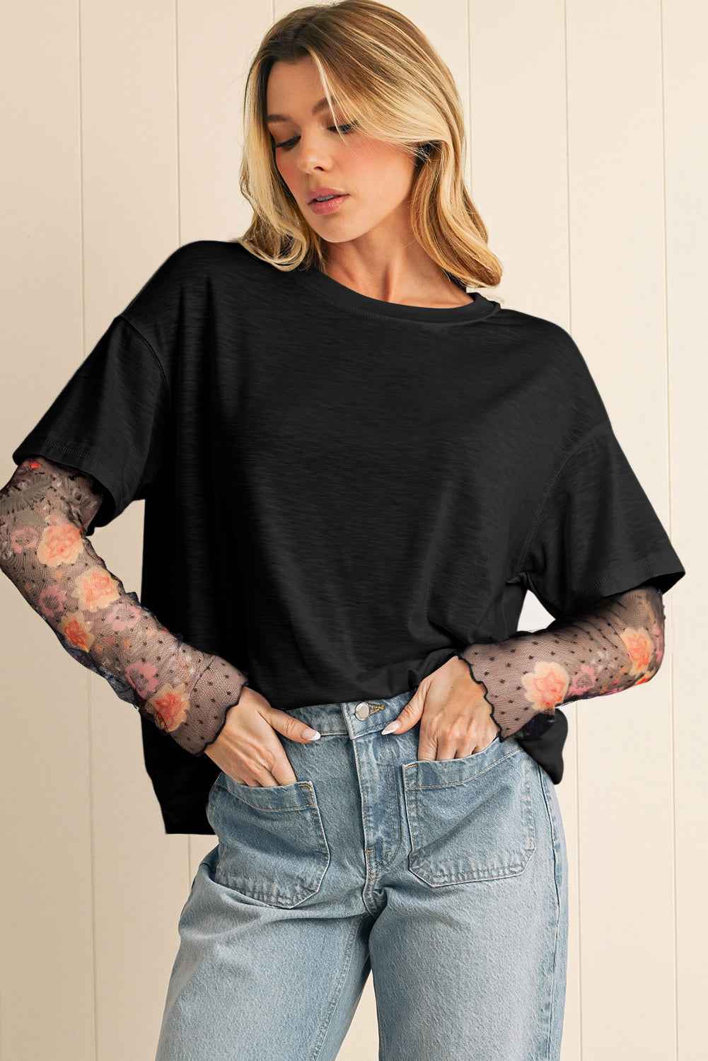 Black Floral Mesh Sleeve Fake Two-Piece Top Black 65%Polyester+30%Viscose+5%Elastane 95df387fe0b3d7ec
