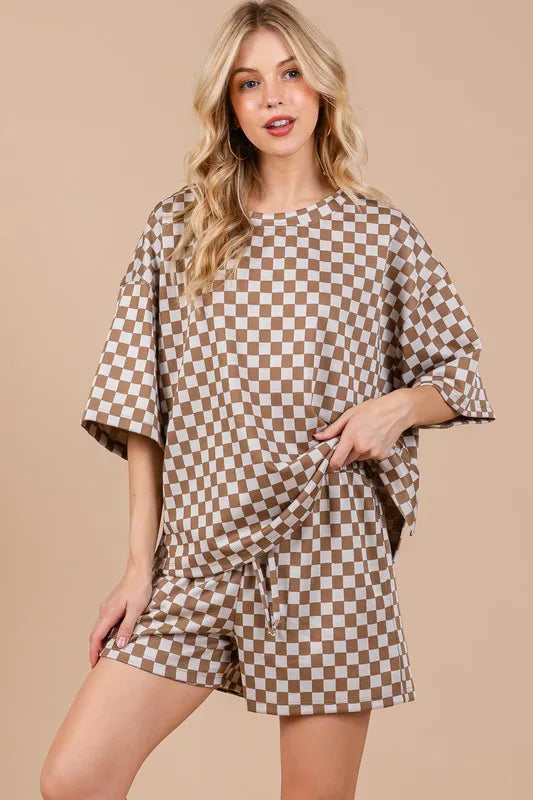 Ces Femme Checkered Round Neck Top and Shorts Set Camel 95df81f9-da14-44bf-9e6d-0152bbe3a473-Max