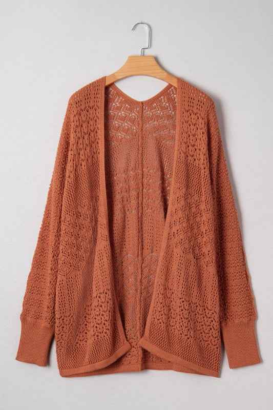 Plus Size Solid Pointelle Knit Open Front Cardigan Redwood Burl 95e50db0-bc07-4e0b-83a2-24426d6c3d62