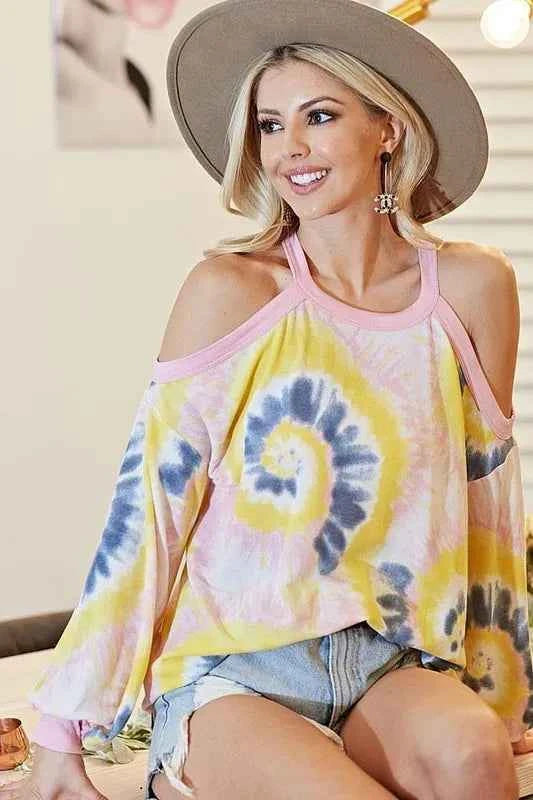 BiBi Tie Dye Print Terry Top with Cold Shoulder Detail 95efb6827d4b480d89b06d81935c201c-Max-Origin