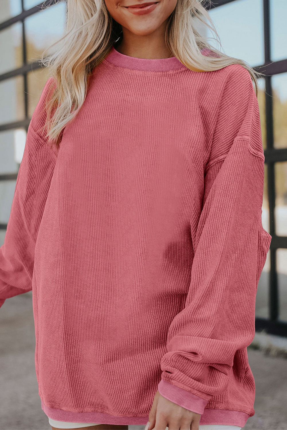 White Drop Shoulder Rib Knit Oversized Sweatshirt Strawberry Pink 100%Polyester 95efe76ad786b0f2