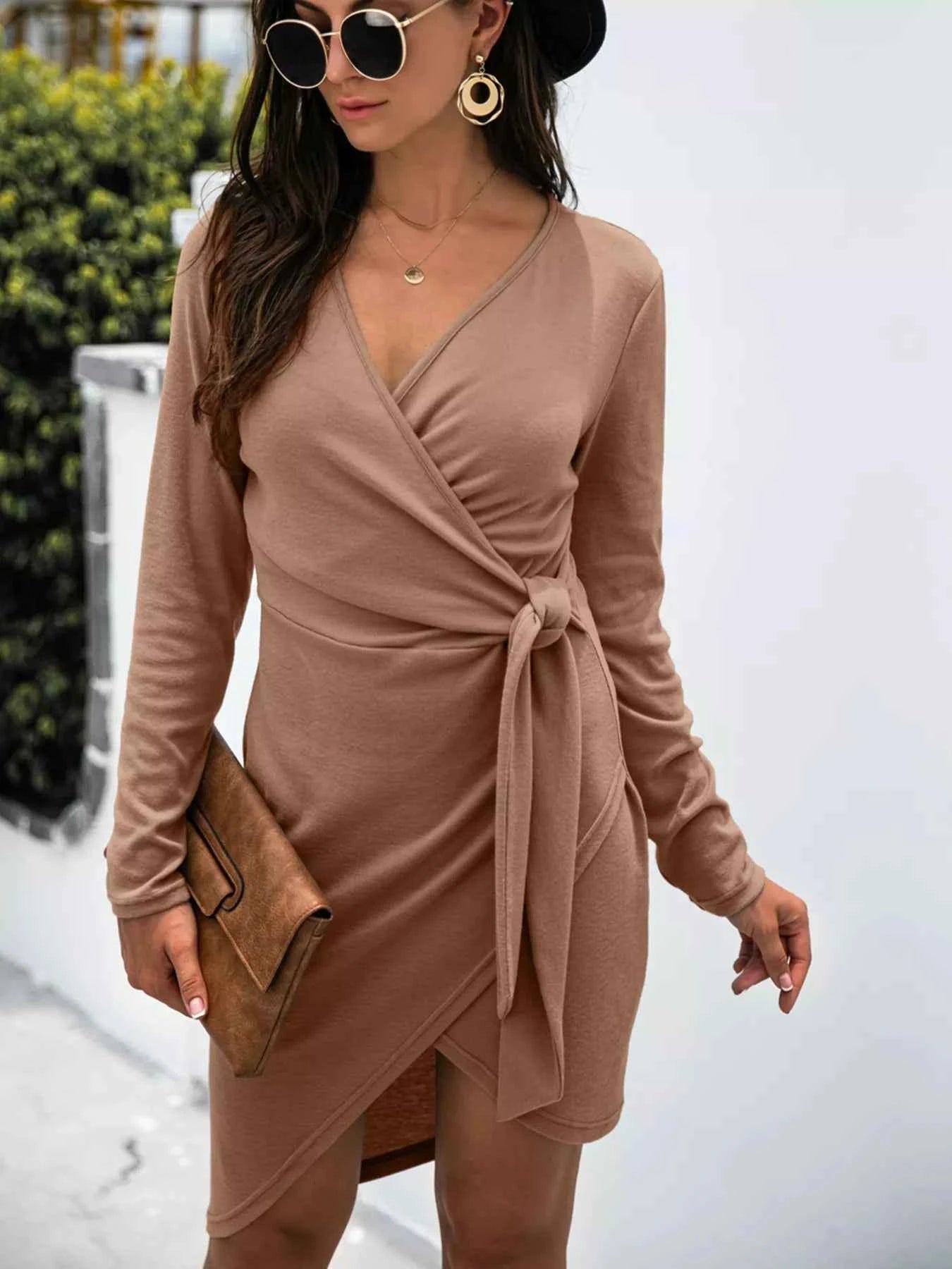 Surplice Long Sleeve Side Tie Dress Taupe 95fdd71a-ff92-48e1-aa9a-8d44a6a882fa-Max-Origin