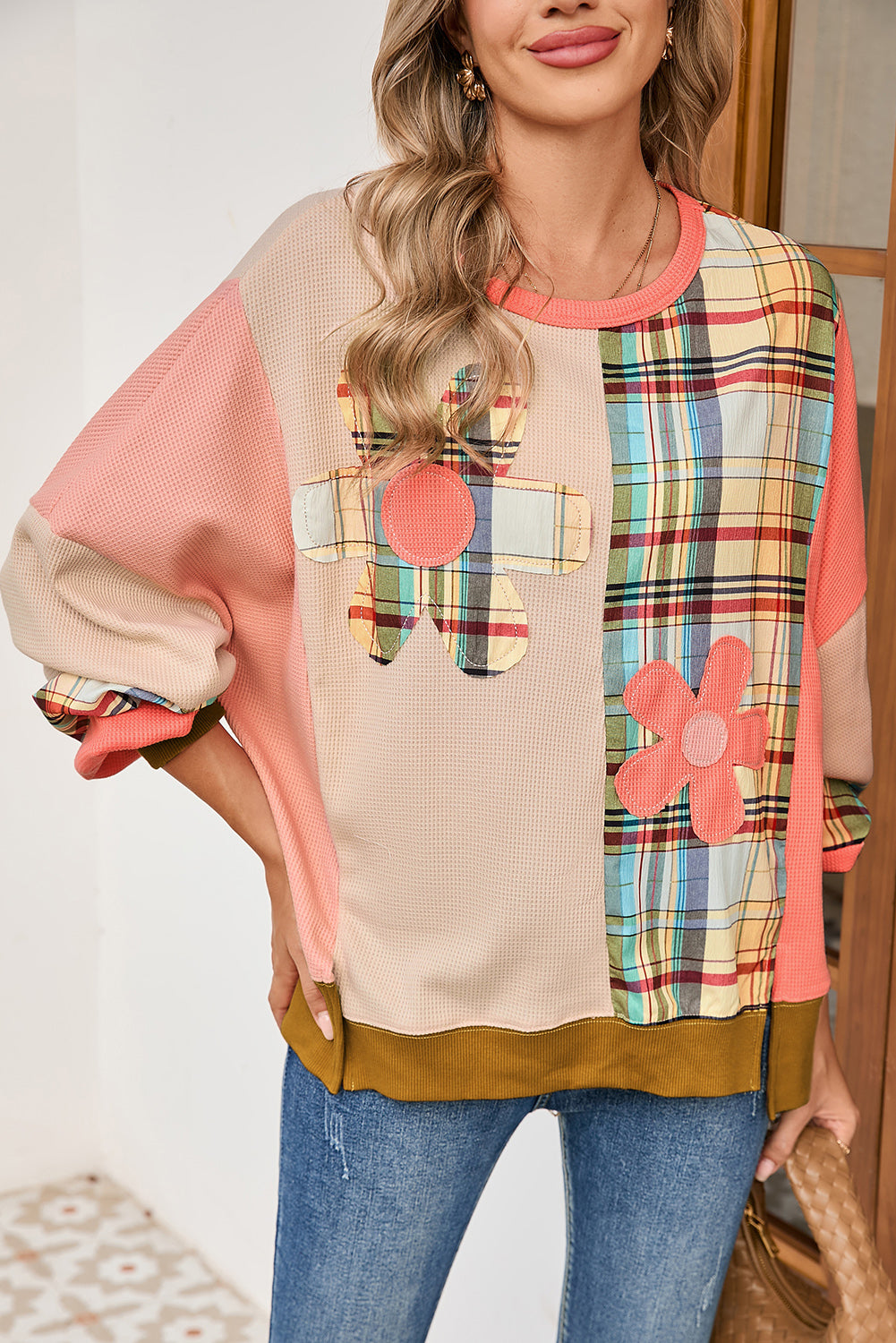 Multicolor Plaid Flower Patchwork Waffle Drop Shoulder Loose Top 960b277d9a8aa29e
