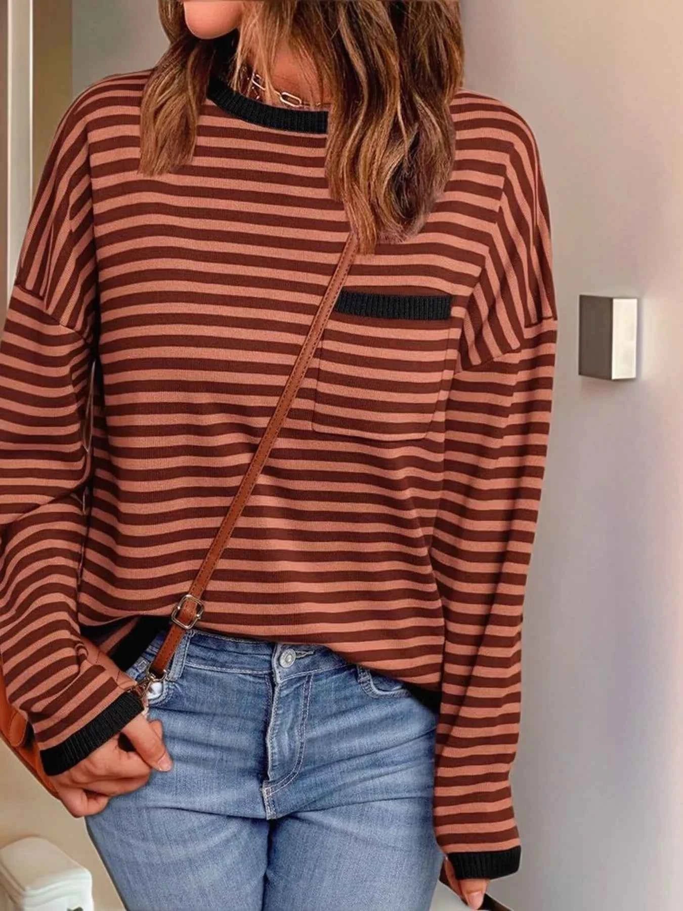 Striped Round Neck Long Sleeve Knit Top Terracotta 960dfcf6e37040db8078b6cec0df5132-Max-Origin