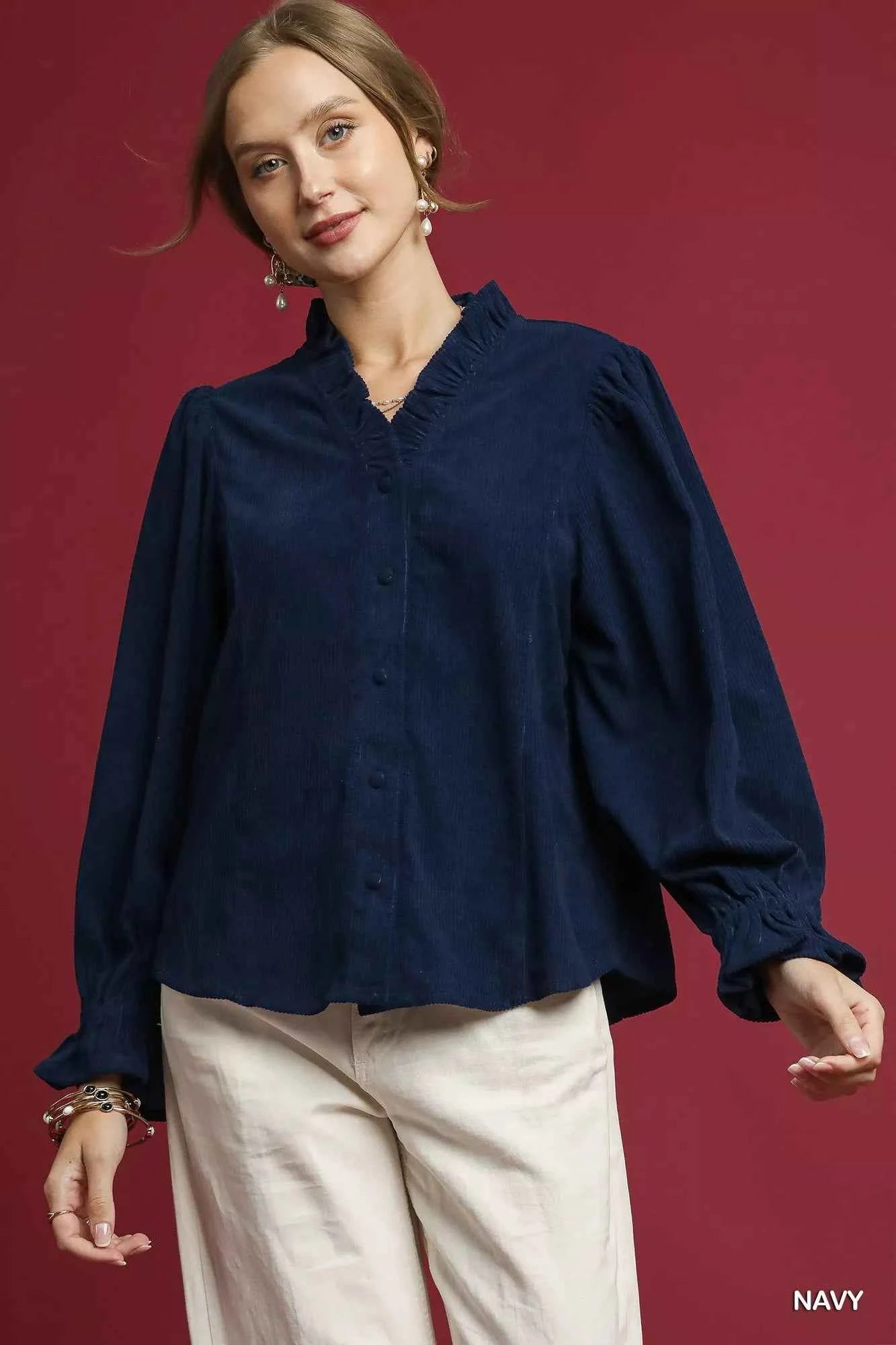 Umgee Corduroy Ruffle Shirt with Long Puff Sleeves Navy 9612d6c3-9799-4aa7-ae3d-54fded0207e0-Max-Origin