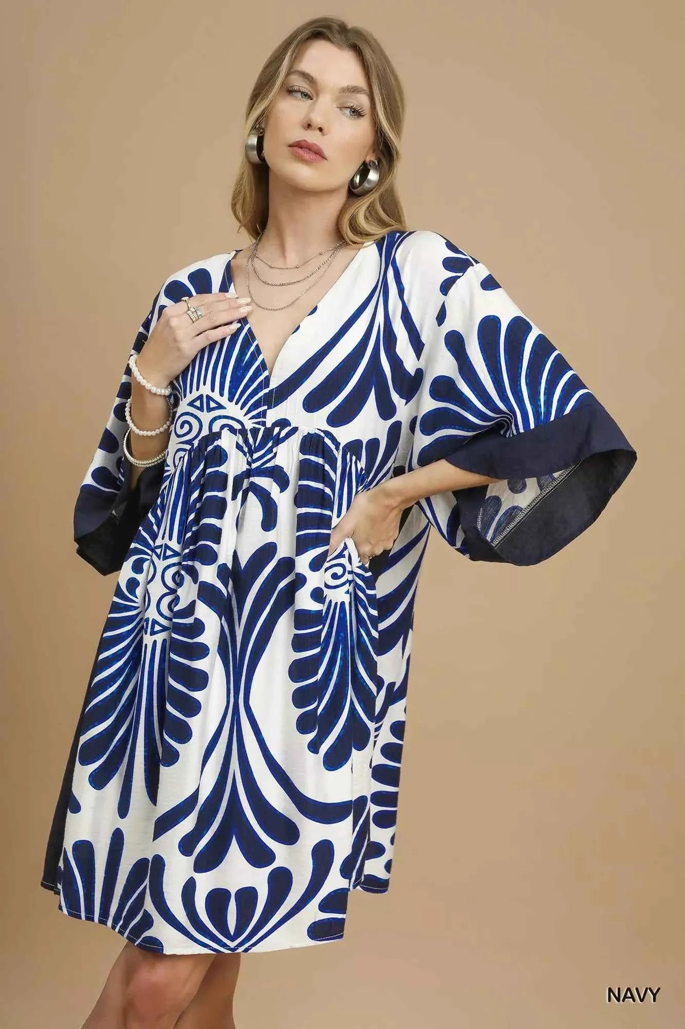 Umgee Abstract Print Kimono Sleeve Mini Dress Navy 96137894-0a17-45e9-9986-74a36f2f8e16-Max-Origin