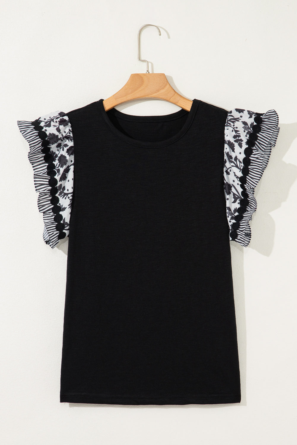 Blue Floral Striped Patchwork Flutter Sleeve Blouse 96139d9ee02b6752