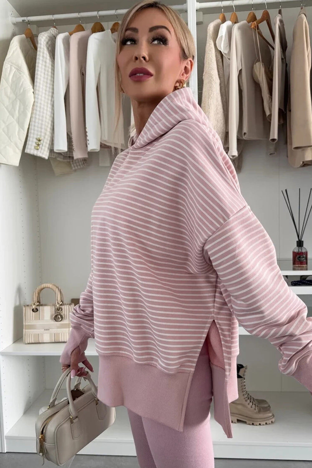 Rose Stripe Thumbhole Side Slits Drop Shoulder Loose Fit Hoodie 961a9341360a0fe9