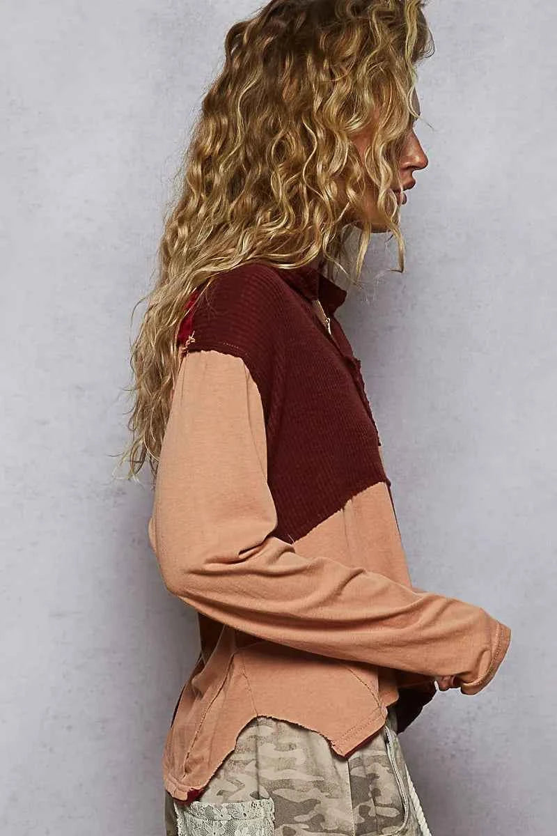 POL Color Block Notched Long Sleeve T-Shirt 96325edd-d749-4663-a6dd-8c2558e5f3fc-Max-Origin