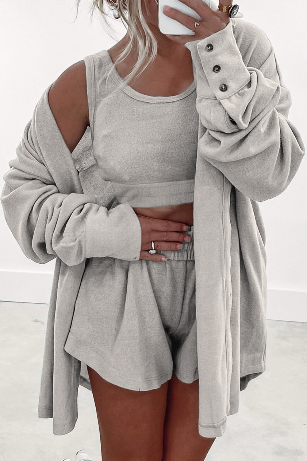 Black Shirred Hem Crop Tank Top Loose Shorts Cardigan 3 Piece Pajama Set 96491aab0405fb84