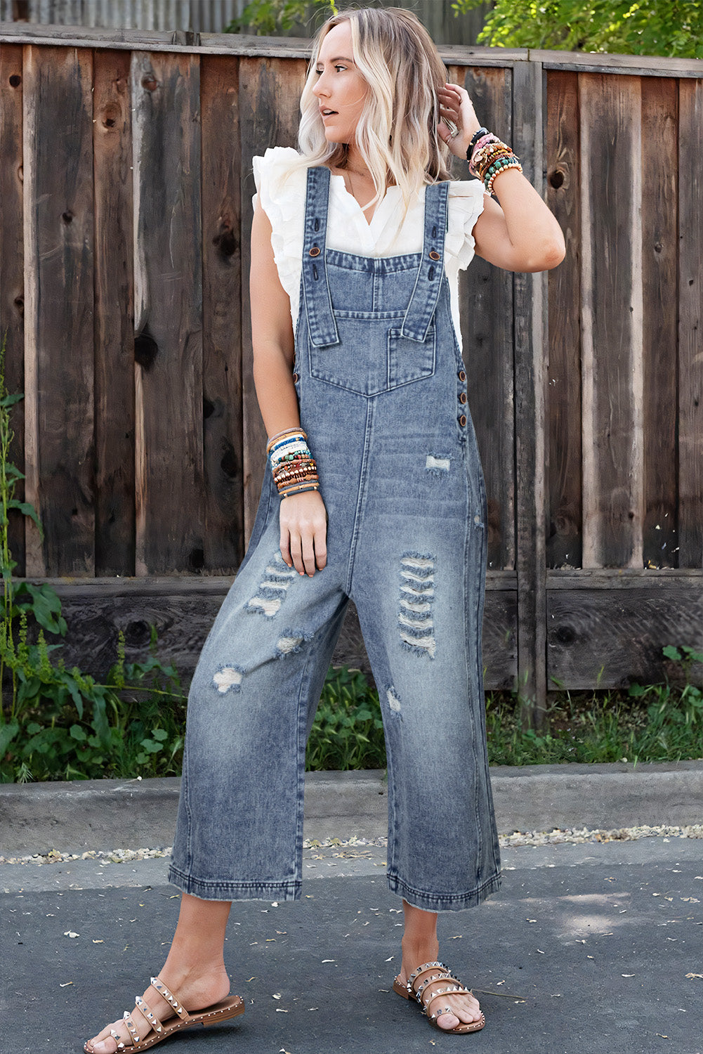 Black Distressed Bib Pocket Wide Leg Denim Overall 964a4d691126b325