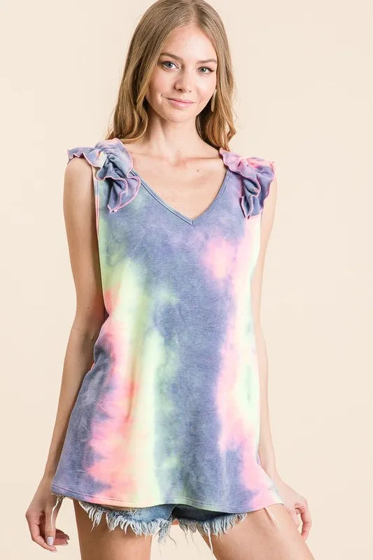 BiBi Tie Dye French Terry V Neck Top with Ruffle 964f052324e84c5cbe9b3c33d7f0bd9b-Max-Origin